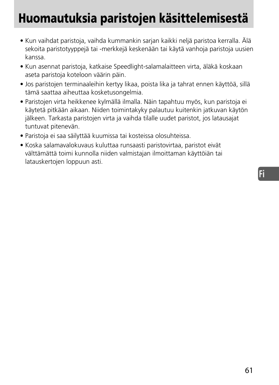 Huomautuksia paristojen käsittelemisestä | Nikon SD-9 User Manual | Page 62 / 155
