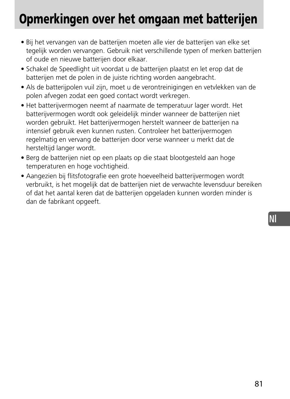 Opmerkingen over het omgaan met batterijen | Nikon SD-9 User Manual | Page 82 / 155
