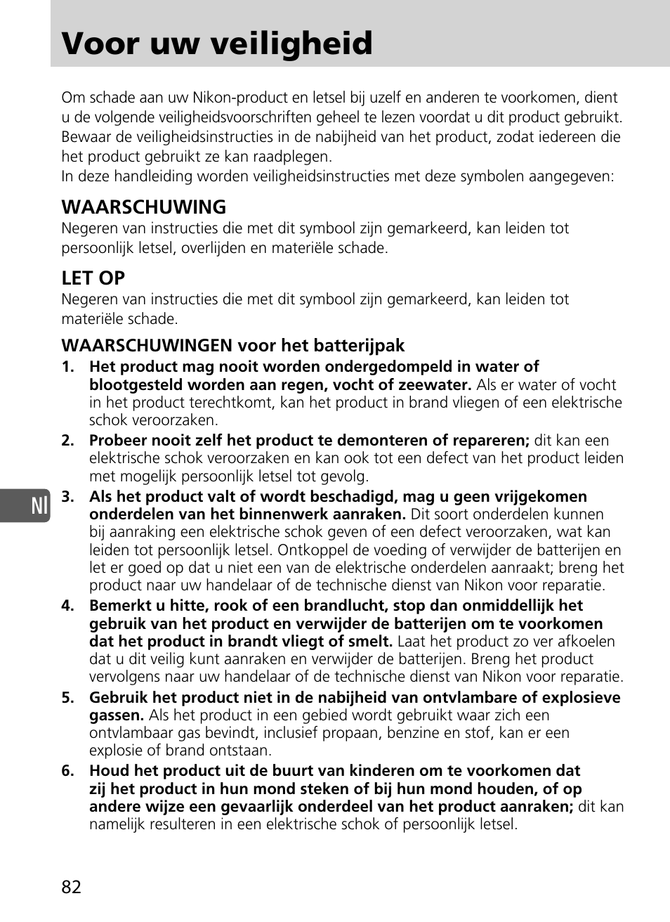 Voor uw veiligheid, Waarschuwing, Let op | Nikon SD-9 User Manual | Page 83 / 155