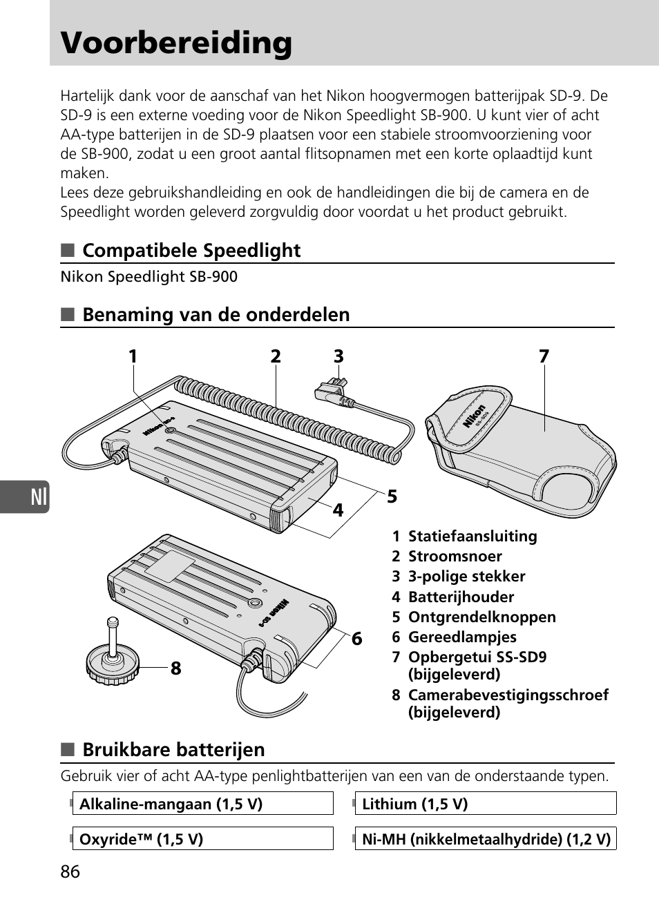 Voorbereiding | Nikon SD-9 User Manual | Page 87 / 155