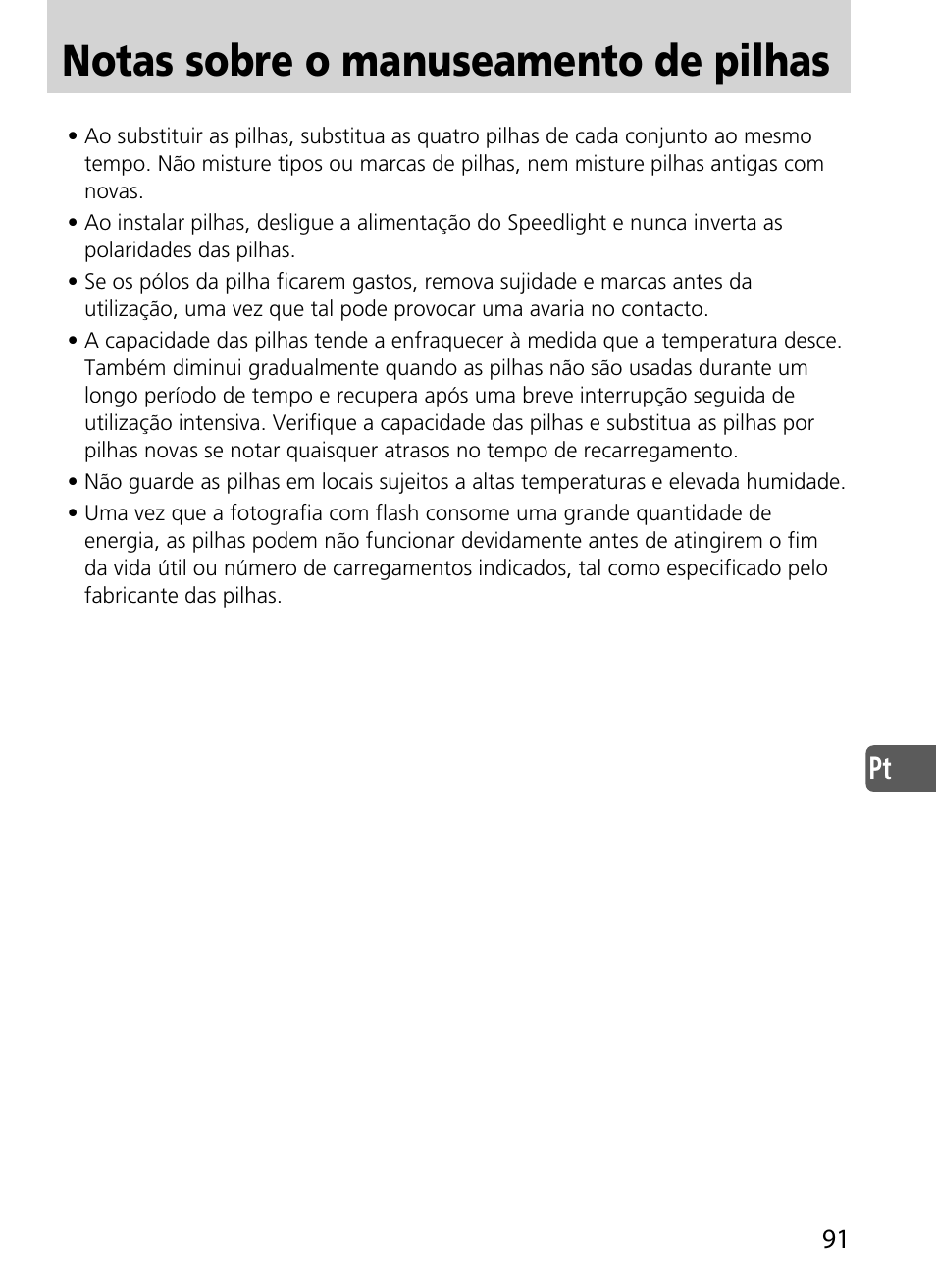 Notas sobre o manuseamento de pilhas | Nikon SD-9 User Manual | Page 92 / 155
