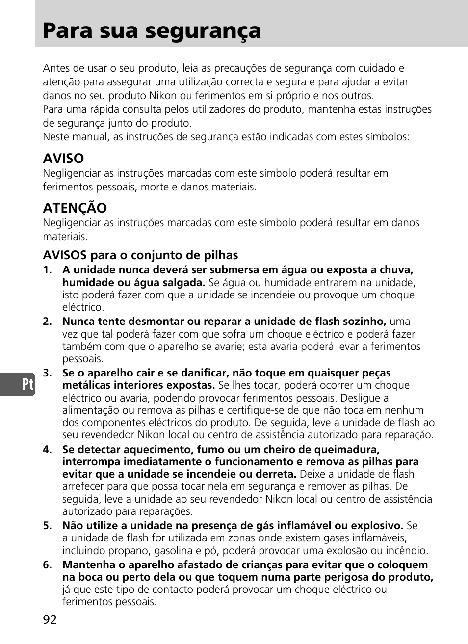 Para sua segurança, Aviso, Atenção | Nikon SD-9 User Manual | Page 93 / 155