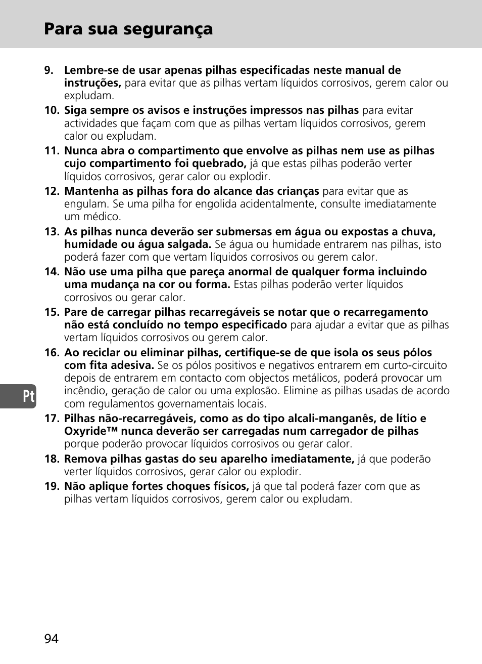 Pt para sua segurança | Nikon SD-9 User Manual | Page 95 / 155