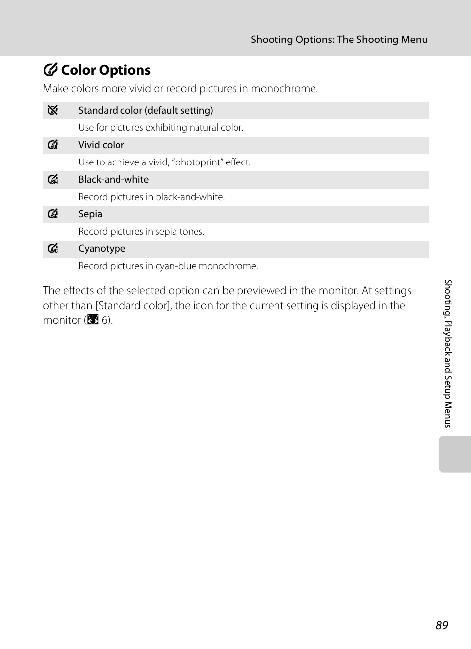 Color options, F color options, A 89 | Nikon Coolpix S700 User Manual | Page 101 / 148