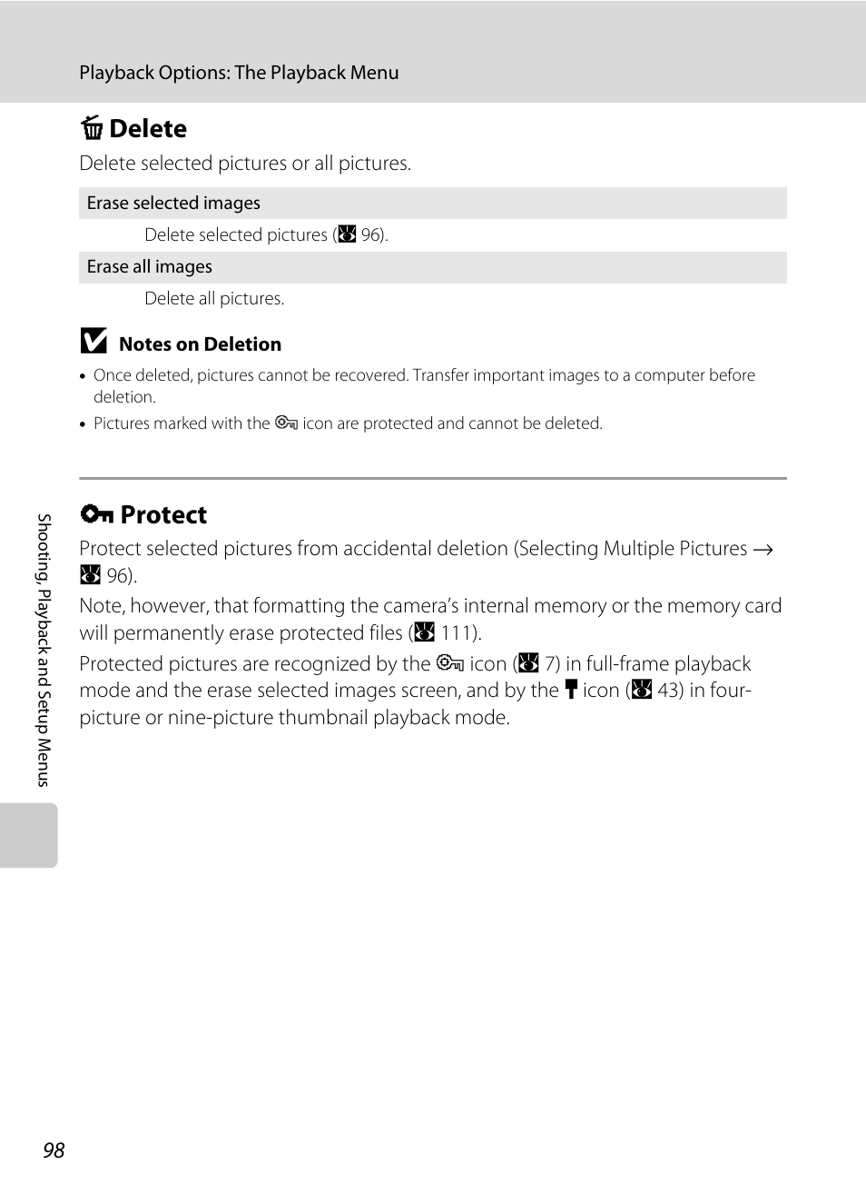 Delete, Protect, C delete d protect | A 98) are, Ting (a 98), A 98, Delete (a 98, A 98), C delete, D protect | Nikon Coolpix S700 User Manual | Page 110 / 148