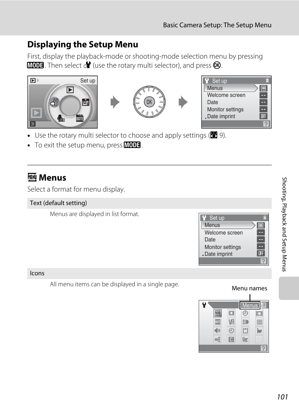 Displaying the setup menu, Menus, Displaying the setup menu a menus | A 101), A 101, A menus | Nikon Coolpix S700 User Manual | Page 113 / 148