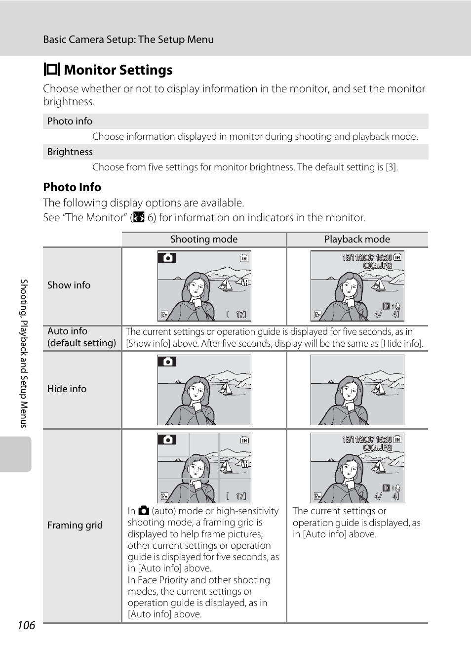 Monitor settings, E monitor settings, A 106 | Photo info | Nikon Coolpix S700 User Manual | Page 118 / 148