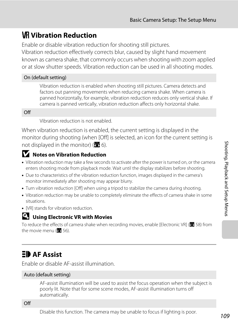 Vibration reduction, Af assist, G vibration reduction h af assist | A 109), whe, Ction, A 109), A 109, A 109) [of, On (a 109), A 109) setting and | Nikon Coolpix S700 User Manual | Page 121 / 148