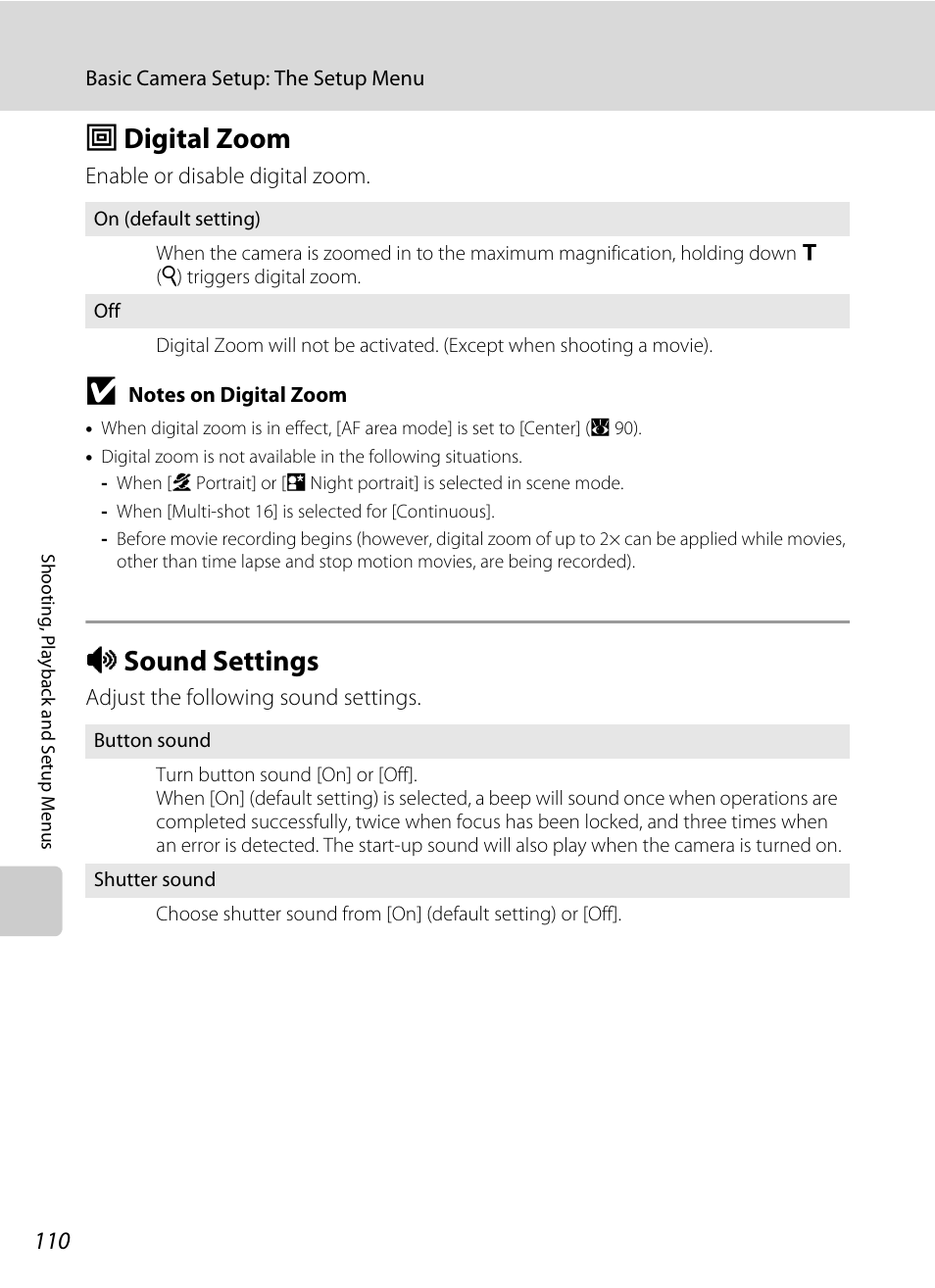 Digital zoom, Sound settings, U digital zoom i sound settings | A 110), A 110, U digital zoom, I sound settings | Nikon Coolpix S700 User Manual | Page 122 / 148