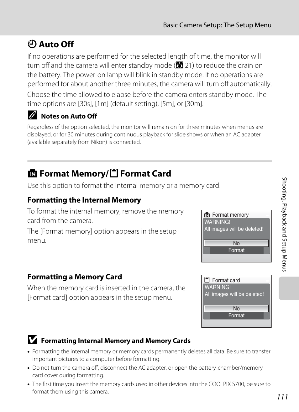 Auto off, Format memory/format card, K auto off l format memory/m format card | A 111), A 111) duri, A 111) if, A 111, K auto off | Nikon Coolpix S700 User Manual | Page 123 / 148