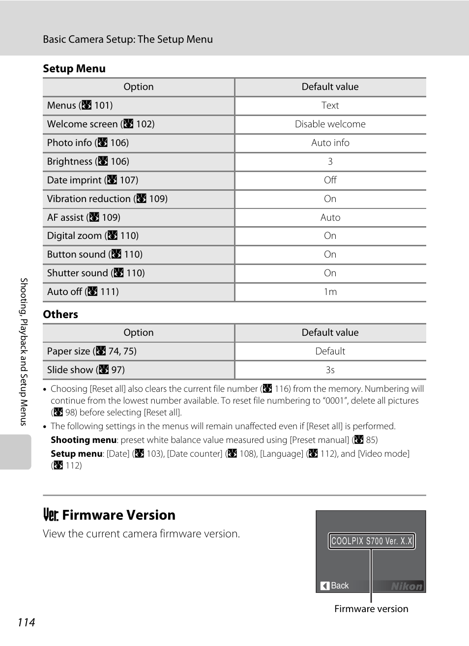 Firmware version, R firmware version, A 114 | Nikon Coolpix S700 User Manual | Page 126 / 148