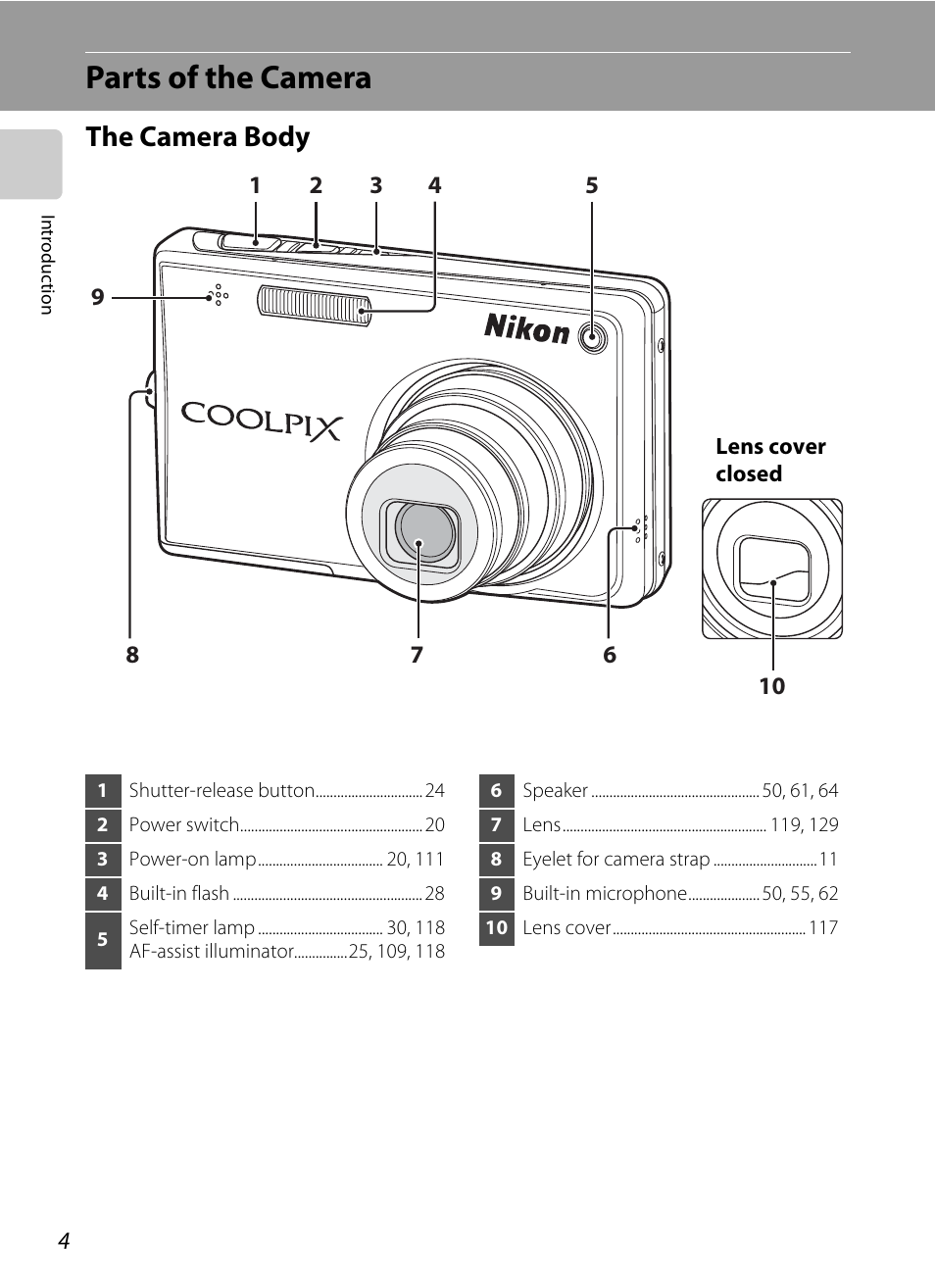 Parts of the camera, The camera body | Nikon Coolpix S700 User Manual | Page 16 / 148