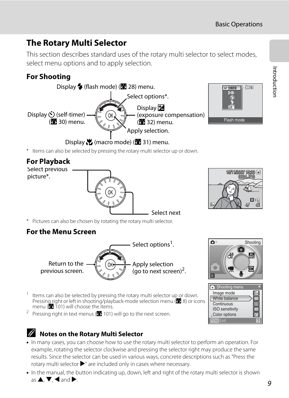 The rotary multi selector, A 9) to choose the des, For shooting | For playback, For the menu screen | Nikon Coolpix S700 User Manual | Page 21 / 148