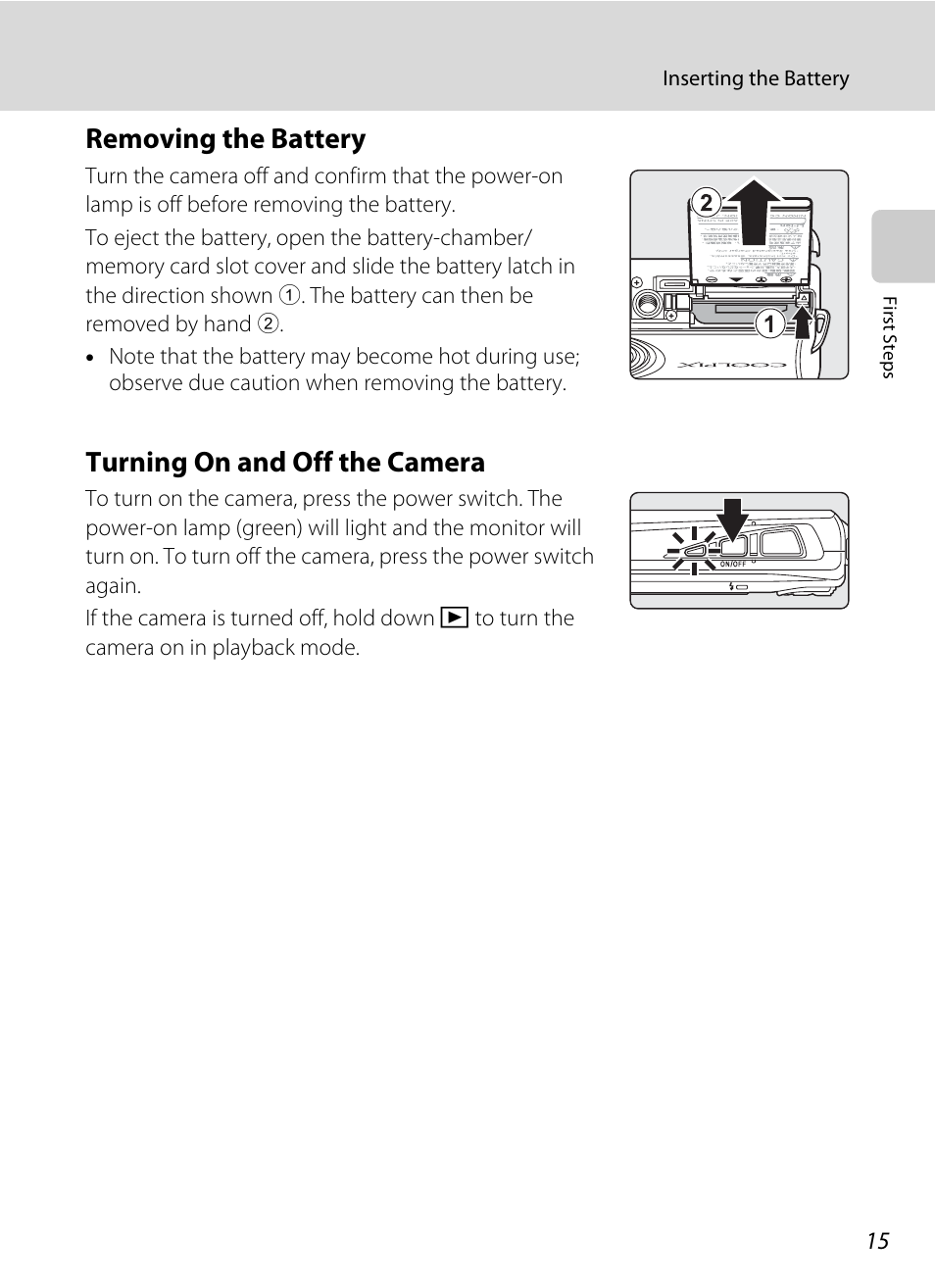 Removing the battery, Turning on and off the camera, Removing the battery turning on and off the camera | Nikon Coolpix S700 User Manual | Page 27 / 148