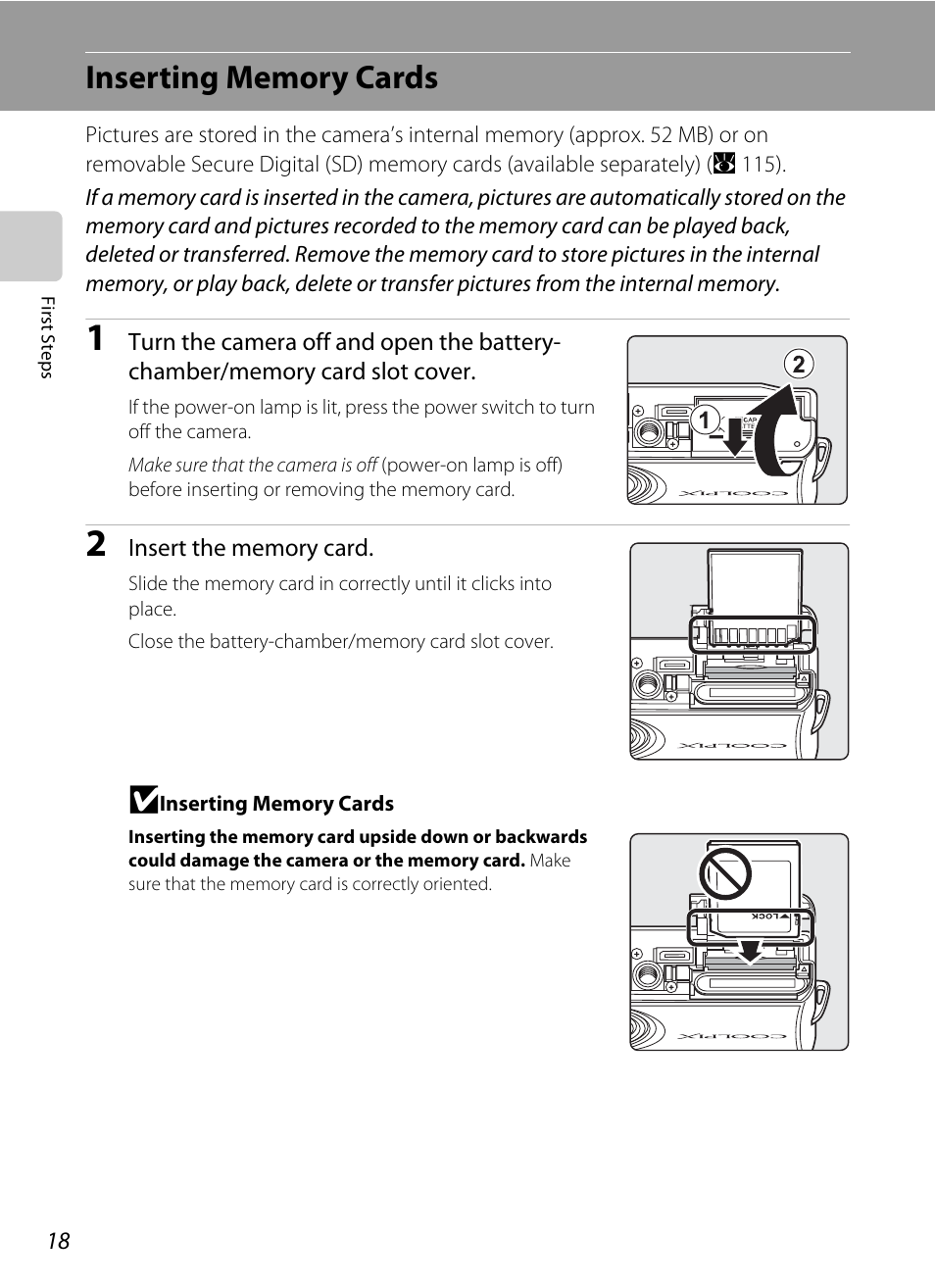 Inserting memory cards | Nikon Coolpix S700 User Manual | Page 30 / 148