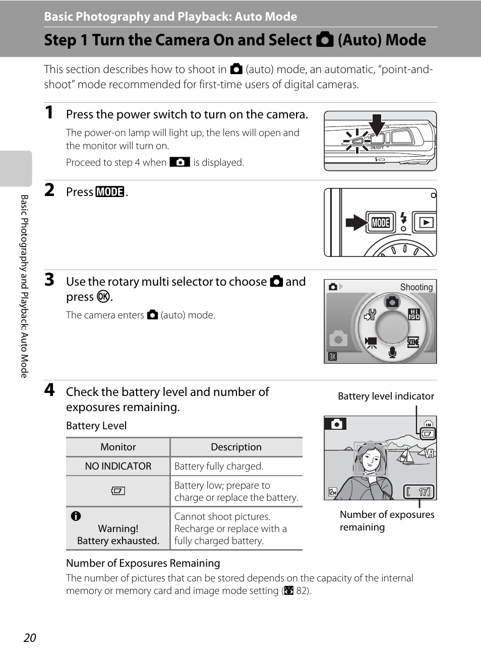 Basic photography and playback: auto mode, Step 1 turn the camera on and select (auto) mode, A basic photography and playback: auto mode | Step 1 turn the camera on and select a (auto) mode, A 20) | Nikon Coolpix S700 User Manual | Page 32 / 148
