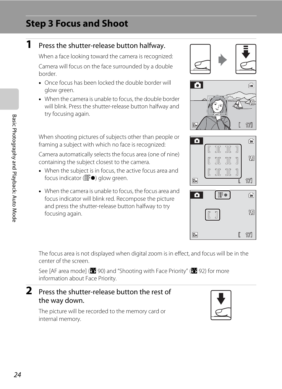 Step 3 focus and shoot, Press the shutter-release button halfway | Nikon Coolpix S700 User Manual | Page 36 / 148