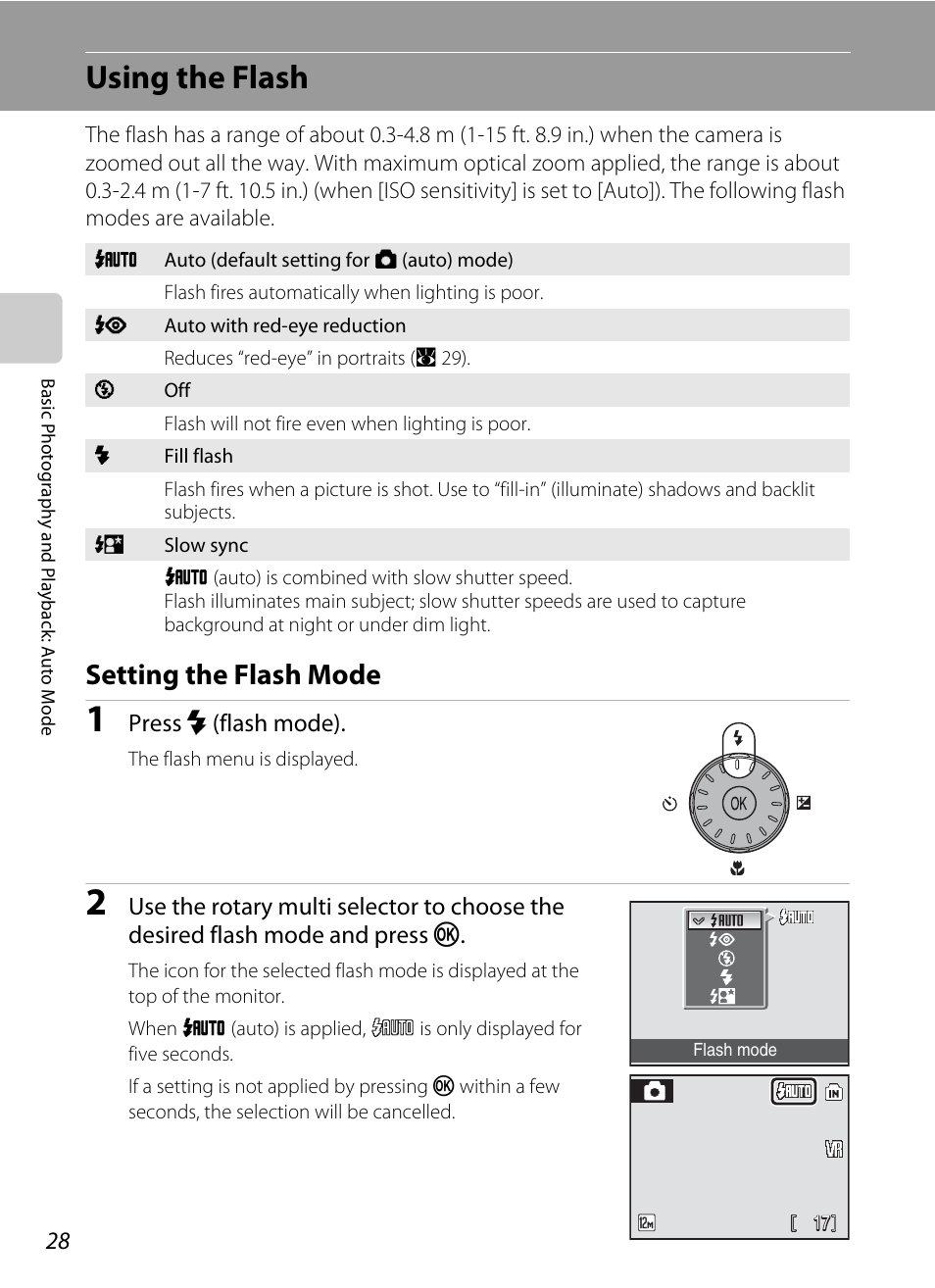 Using the flash, Setting the flash mode, A 28) menu | A 28) and se | Nikon Coolpix S700 User Manual | Page 40 / 148