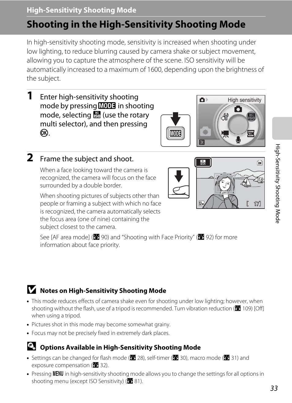 High-sensitivity shooting mode, Shooting in the high-sensitivity shooting mode, B high-sensitivity shooting mode | A 33) | Nikon Coolpix S700 User Manual | Page 45 / 148