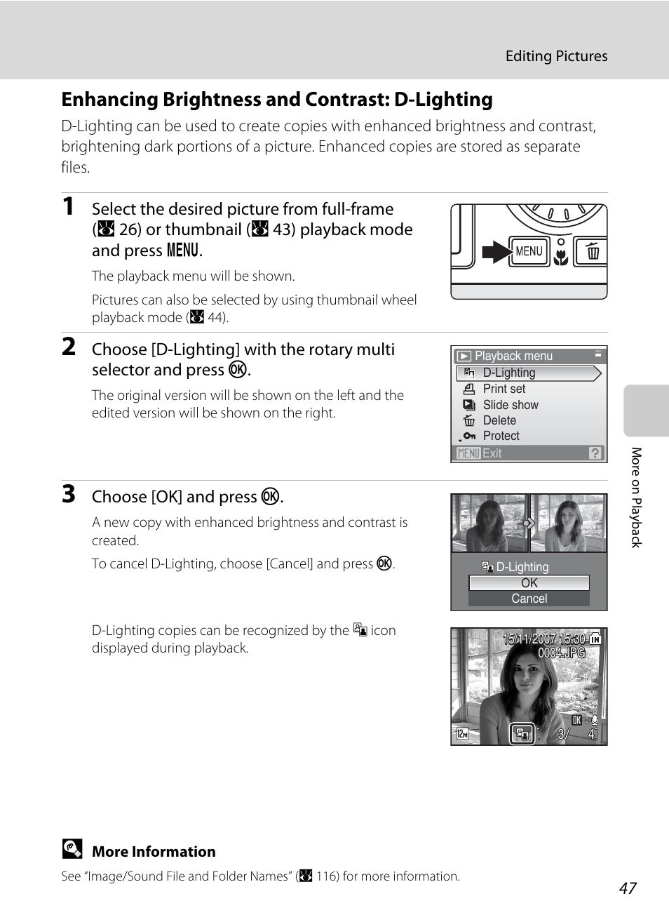 Enhancing brightness and contrast: d-lighting | Nikon Coolpix S700 User Manual | Page 59 / 148