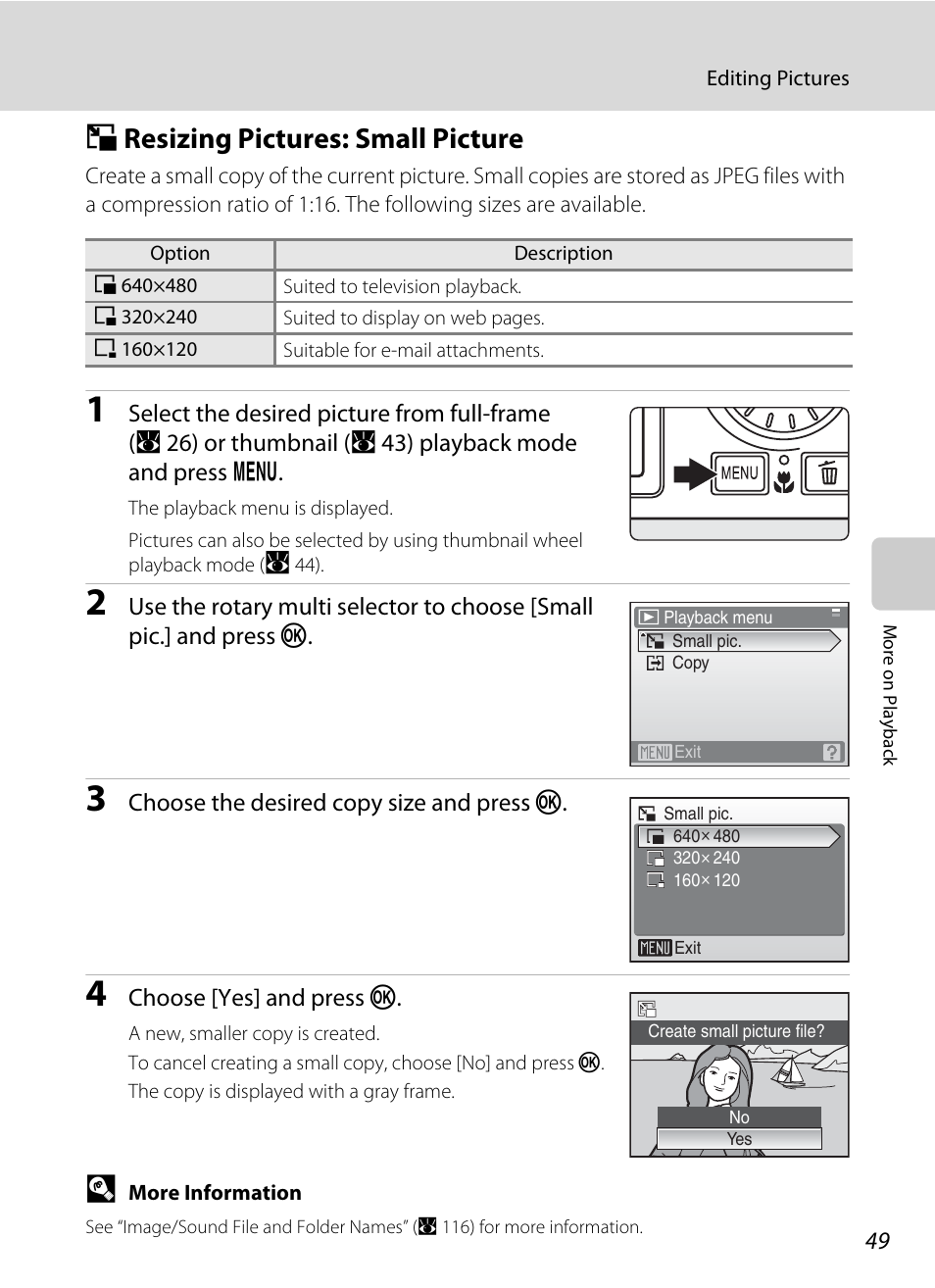 Resizing pictures: small picture, G resizing pictures: small picture | Nikon Coolpix S700 User Manual | Page 61 / 148