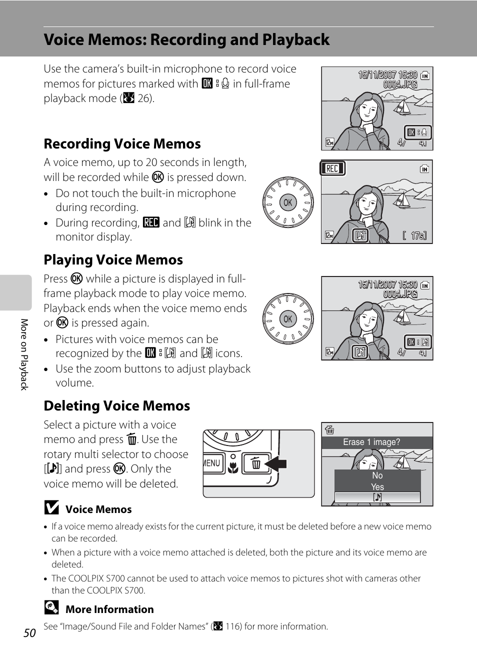 Voice memos: recording and playback, Recording voice memos, Playing voice memos | Deleting voice memos | Nikon Coolpix S700 User Manual | Page 62 / 148