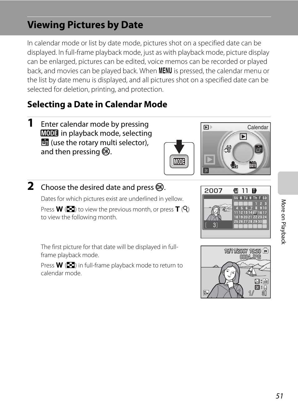 Viewing pictures by date, Selecting a date in calendar mode, A 51) | Nikon Coolpix S700 User Manual | Page 63 / 148