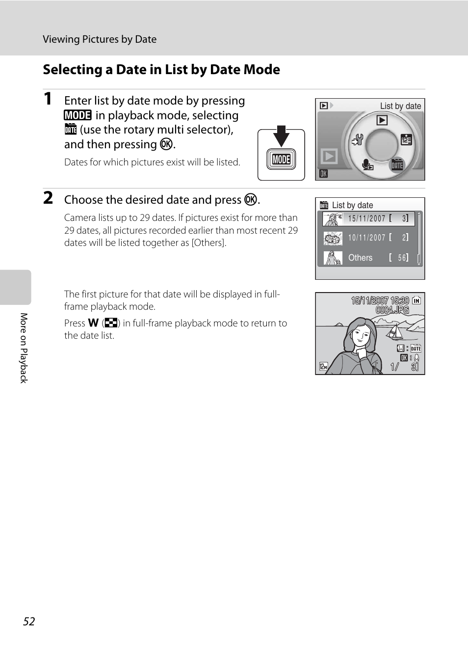 Selecting a date in list by date mode, A 52), Choose the desired date and press k | Nikon Coolpix S700 User Manual | Page 64 / 148
