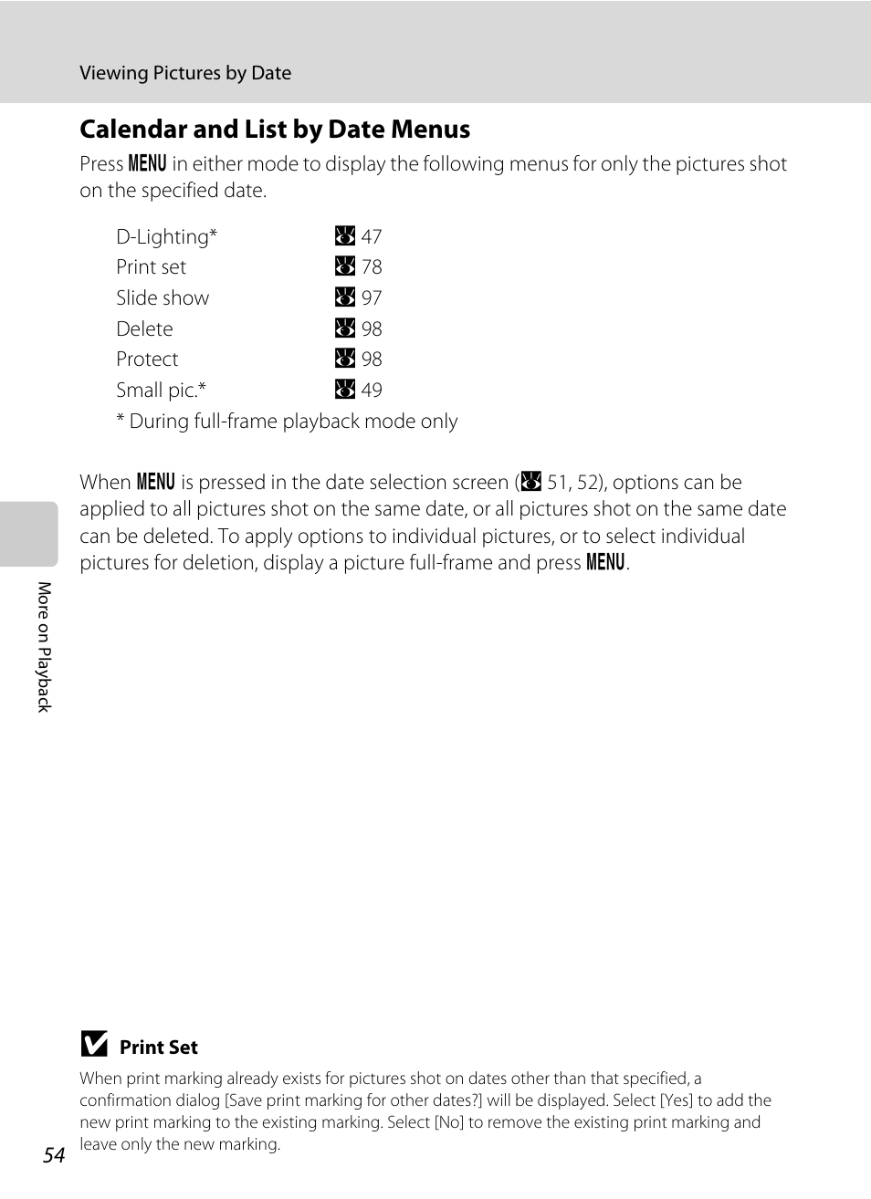 Calendar and list by date menus | Nikon Coolpix S700 User Manual | Page 66 / 148