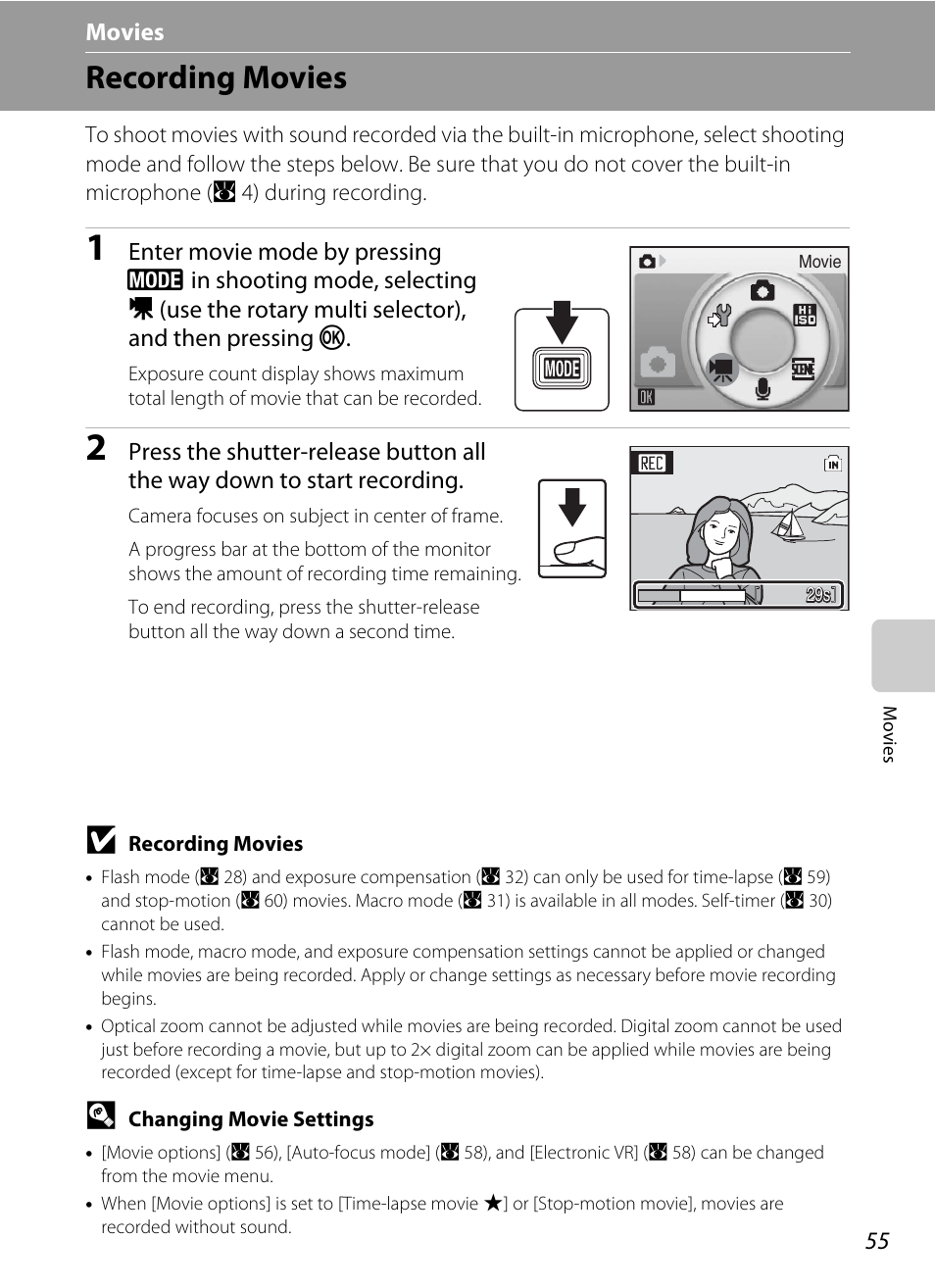 Movies, Recording movies, D movies | A 55) | Nikon Coolpix S700 User Manual | Page 67 / 148