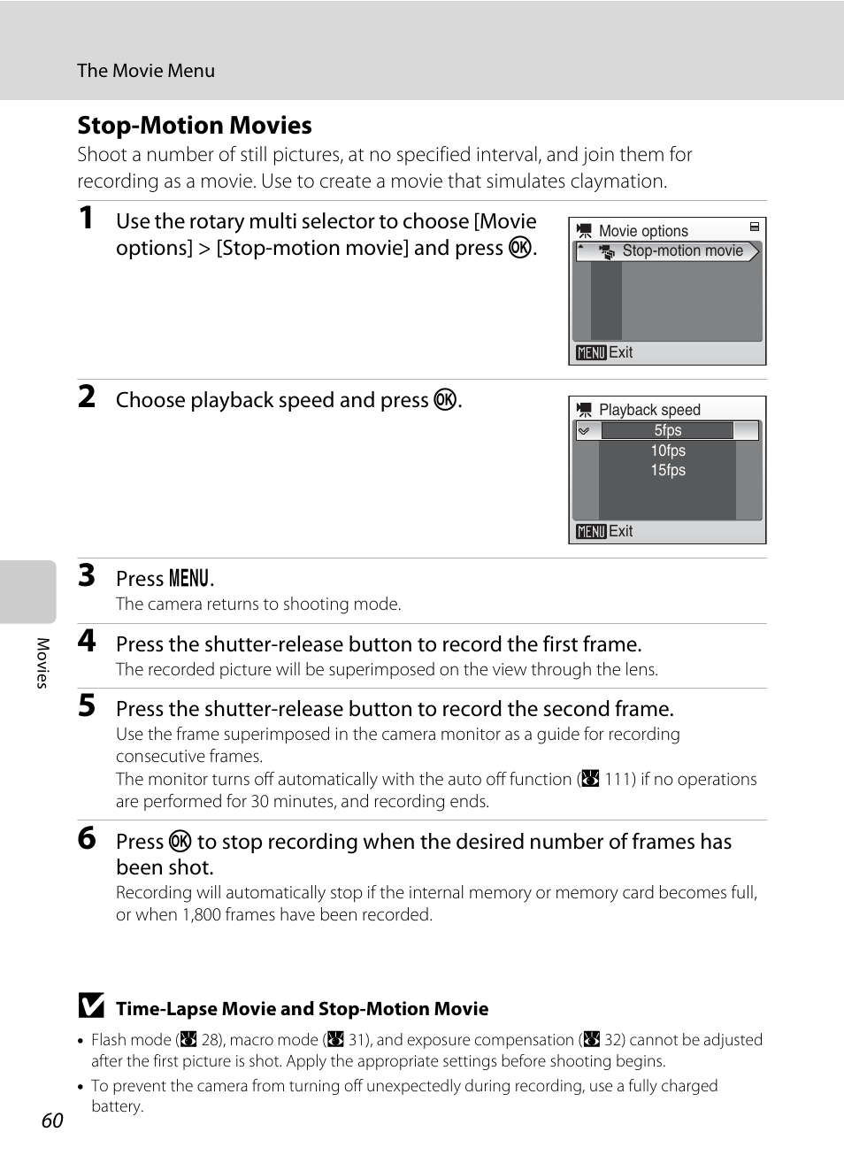 Stop-motion movies, Stop-motion, A 60) movies | Nikon Coolpix S700 User Manual | Page 72 / 148