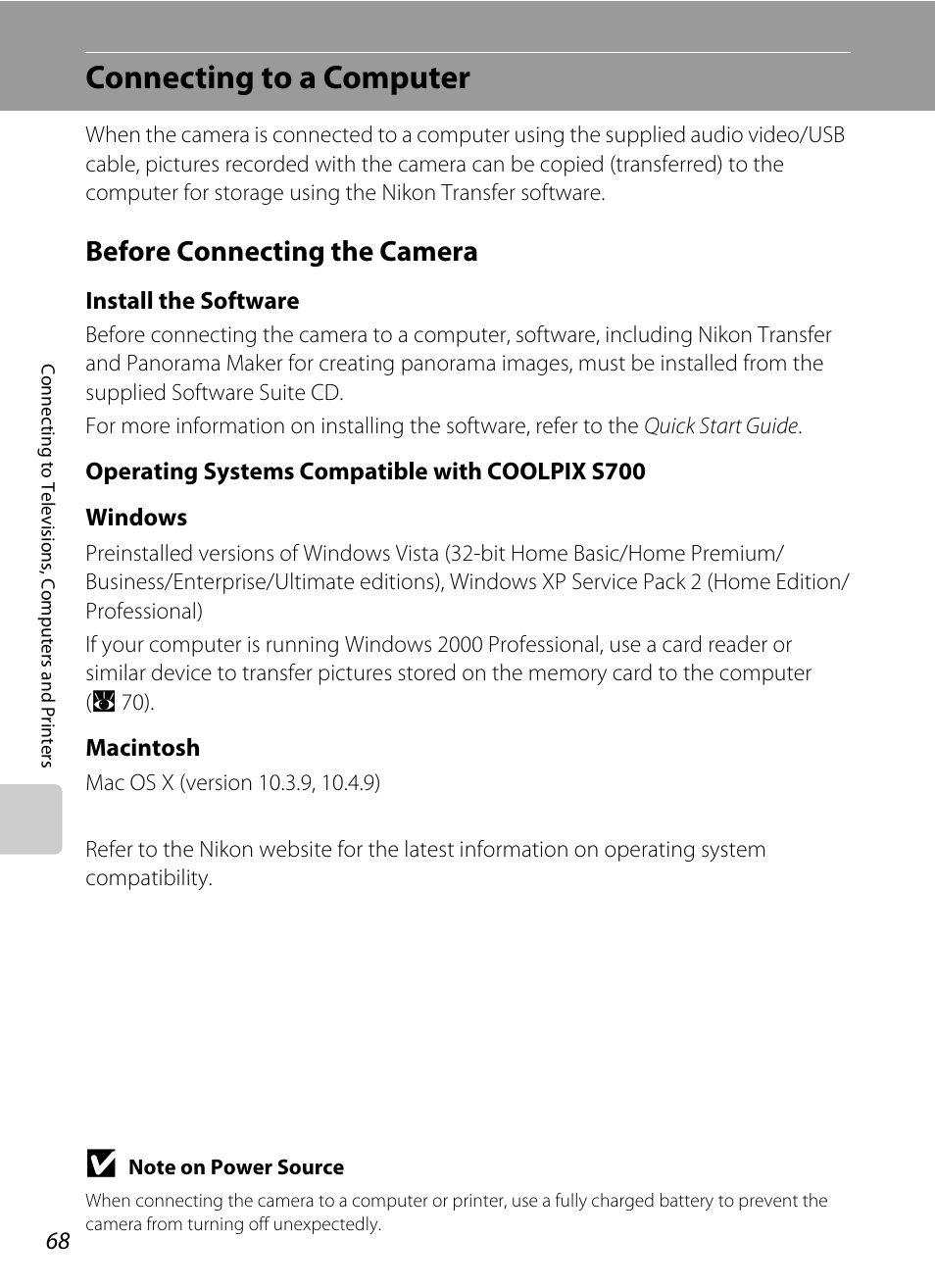 Connecting to a computer, Before connecting the camera, A 68) | Nikon Coolpix S700 User Manual | Page 80 / 148