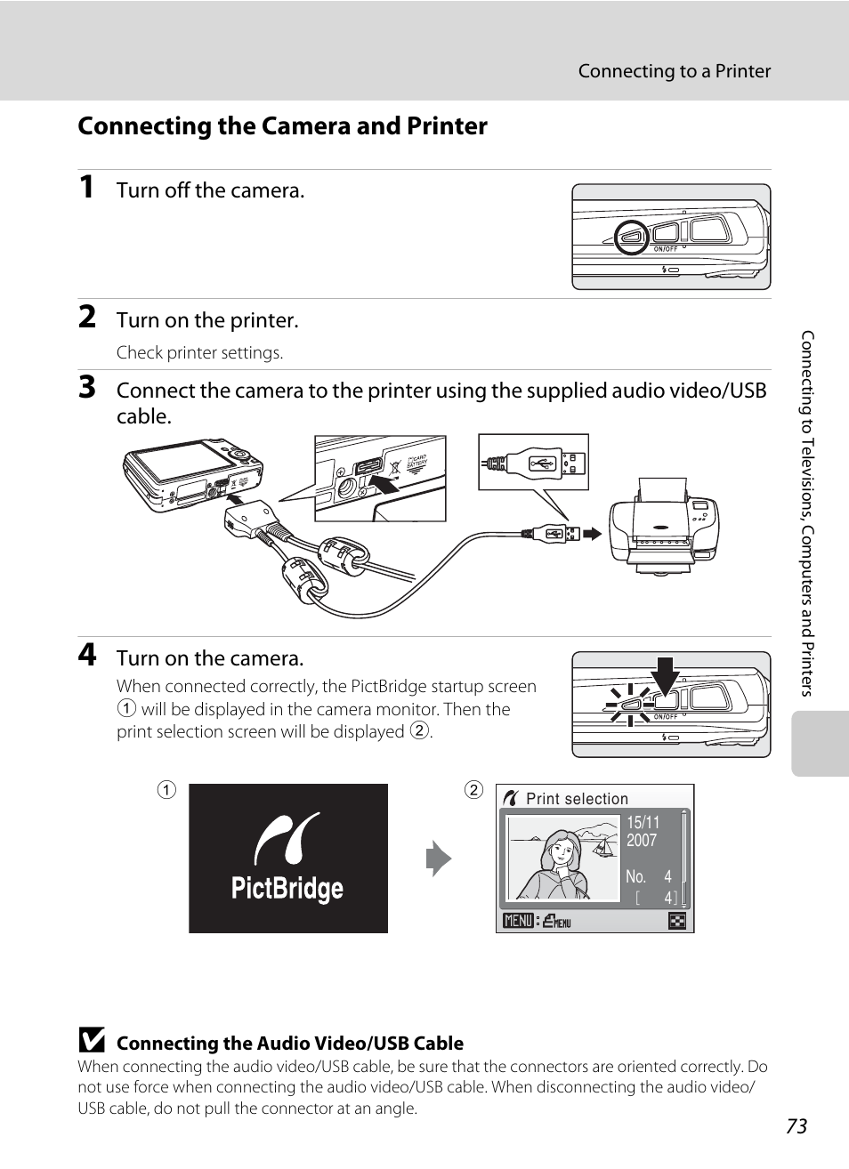 Connecting the camera and printer, A 73) | Nikon Coolpix S700 User Manual | Page 85 / 148
