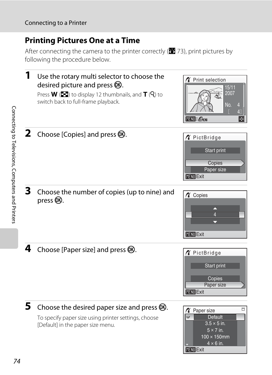 Printing pictures one at a time, A 74), Choose [copies] and press k | Choose [paper size] and press k, Choose the desired paper size and press k | Nikon Coolpix S700 User Manual | Page 86 / 148