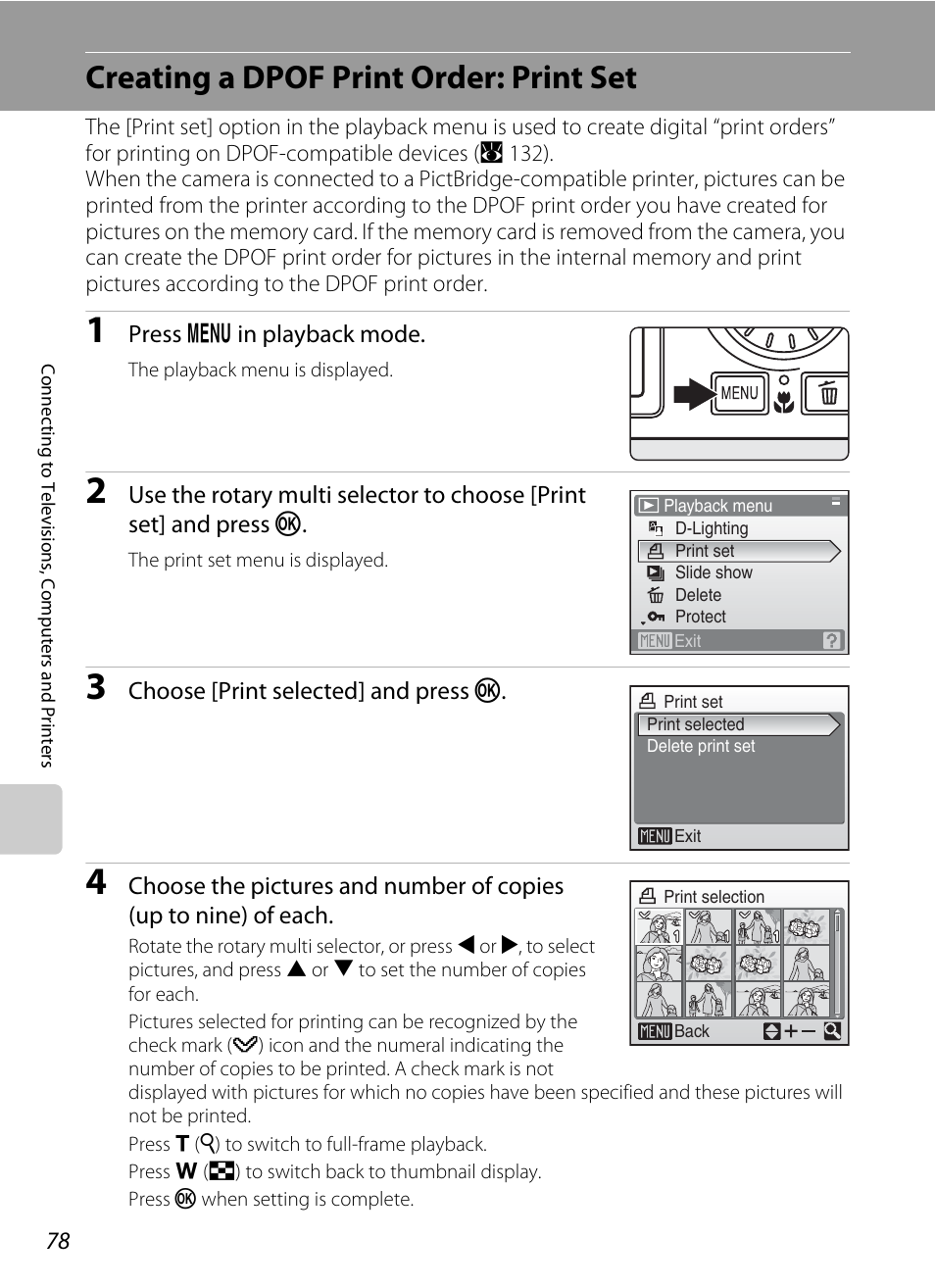 Creating a dpof print order: print set, A 78), A 78 | Nikon Coolpix S700 User Manual | Page 90 / 148