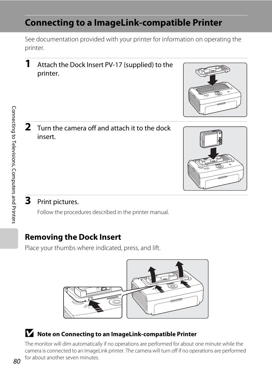 Connecting to a imagelink-compatible printer, Removing the dock insert | Nikon Coolpix S700 User Manual | Page 92 / 148