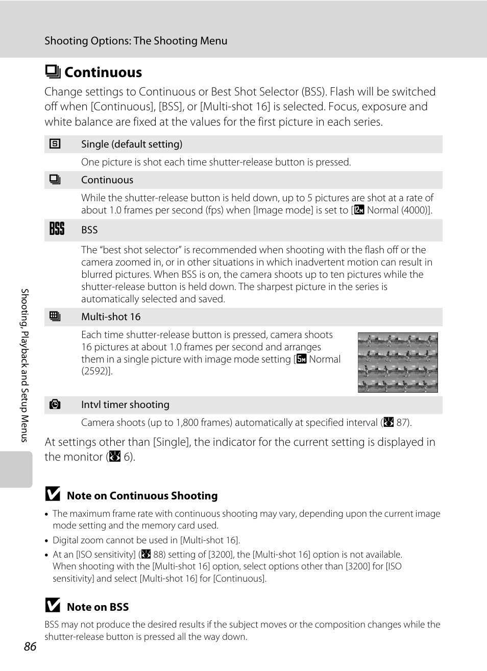 Continuous, C continuous, A 86) | A 86 | Nikon Coolpix S700 User Manual | Page 98 / 148