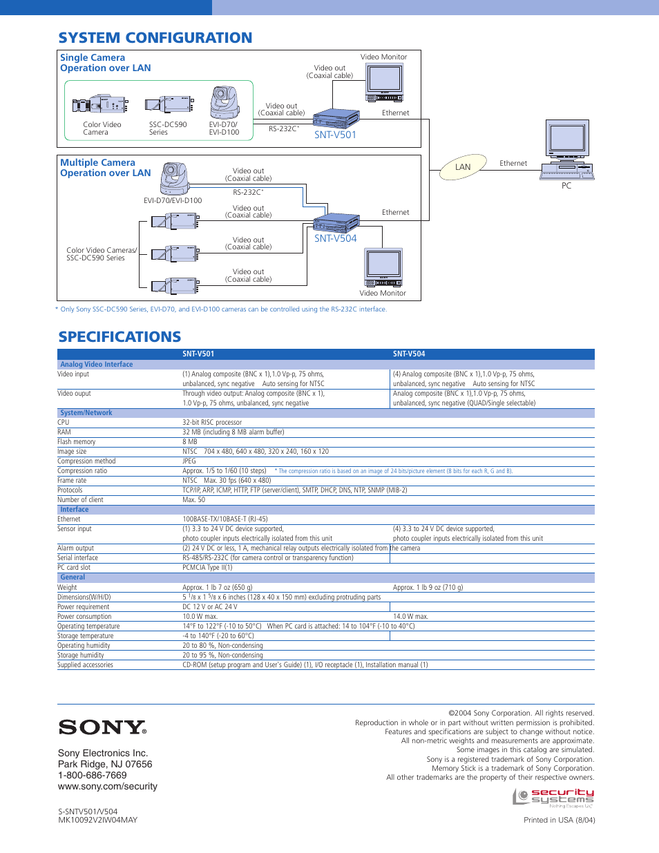 System configuration, Specifications | Nikon SNT-V501 User Manual | Page 4 / 4