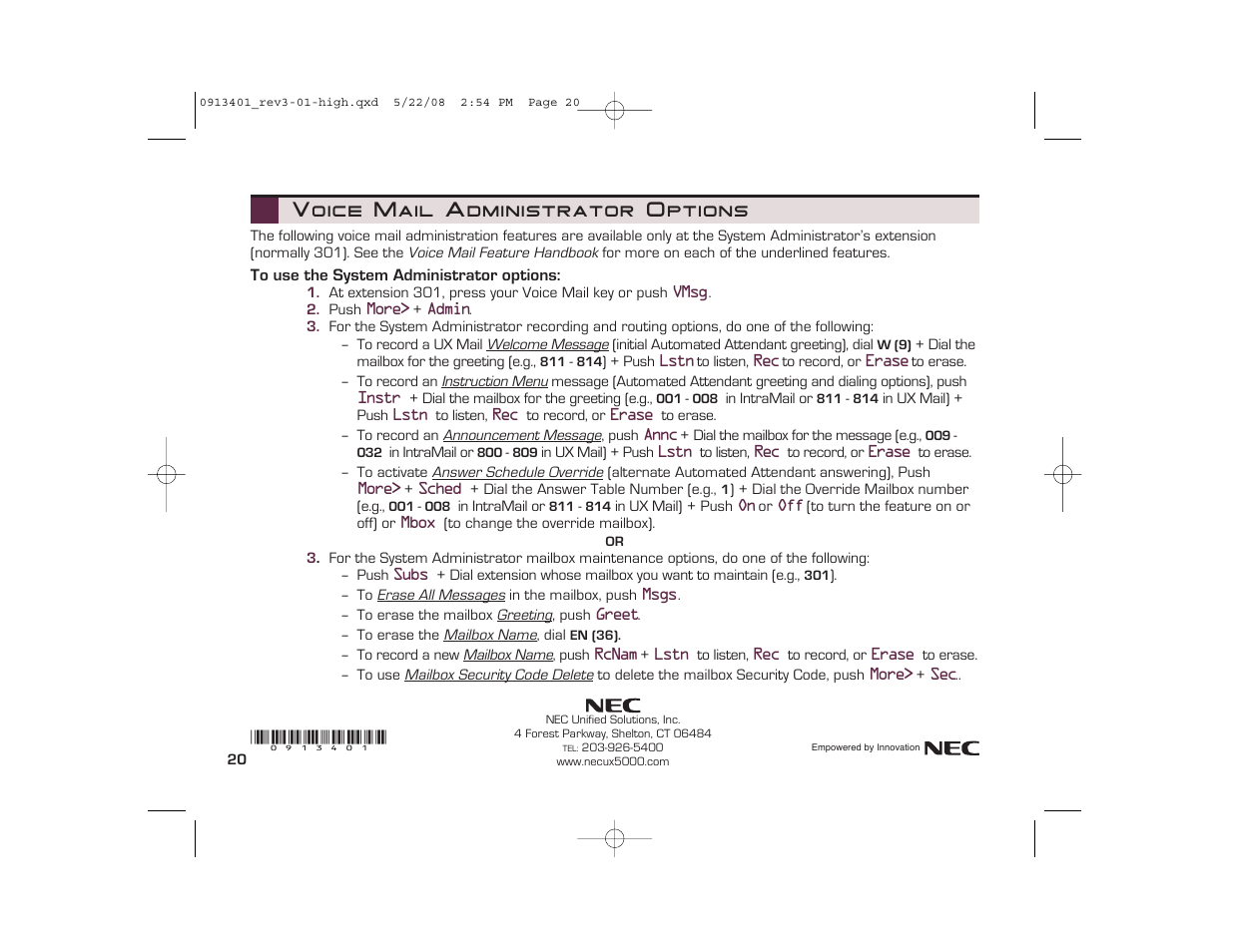 Voice mail administrator options | Nikon UX5000 User Manual | Page 20 / 20