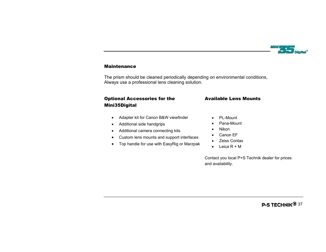 Maintenance, Optional accessories for the mini35digital | Nikon Image Converter User Manual | Page 37 / 46