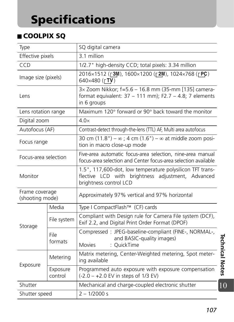 Specifications, Coolpix sq | Nikon Coolpix SQ User Manual | Page 107 / 116