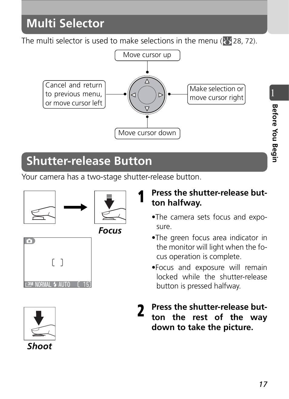 Multi selector shutter-release button, Multi selector, Shutter-release button | Nikon Coolpix SQ User Manual | Page 17 / 116