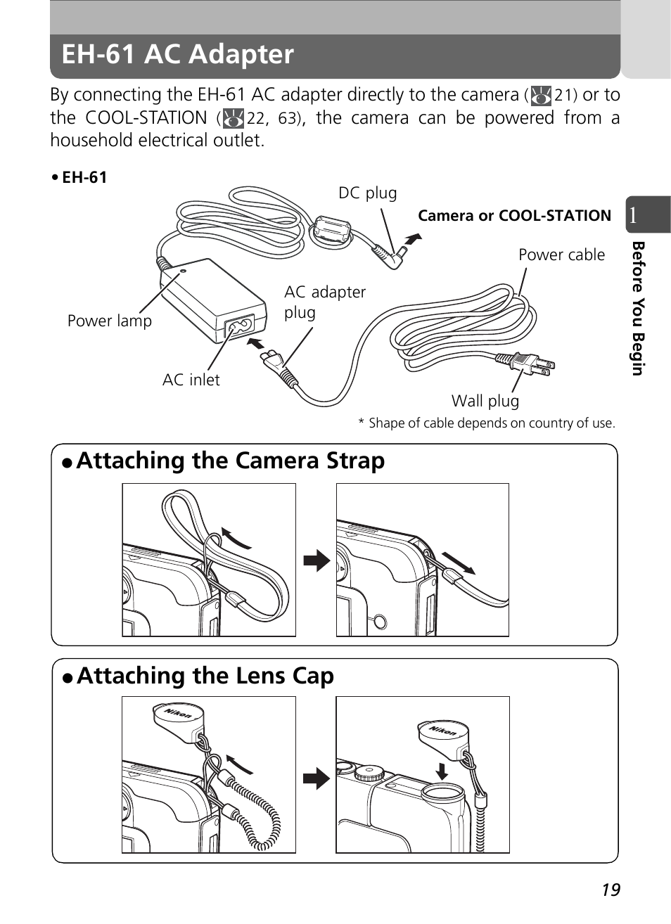 Eh-61 ac adapter, Attaching the camera strap, Attaching the lens cap | Nikon Coolpix SQ User Manual | Page 19 / 116