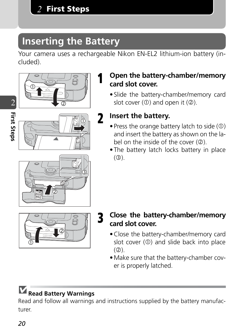 First steps, Inserting the battery | Nikon Coolpix SQ User Manual | Page 20 / 116