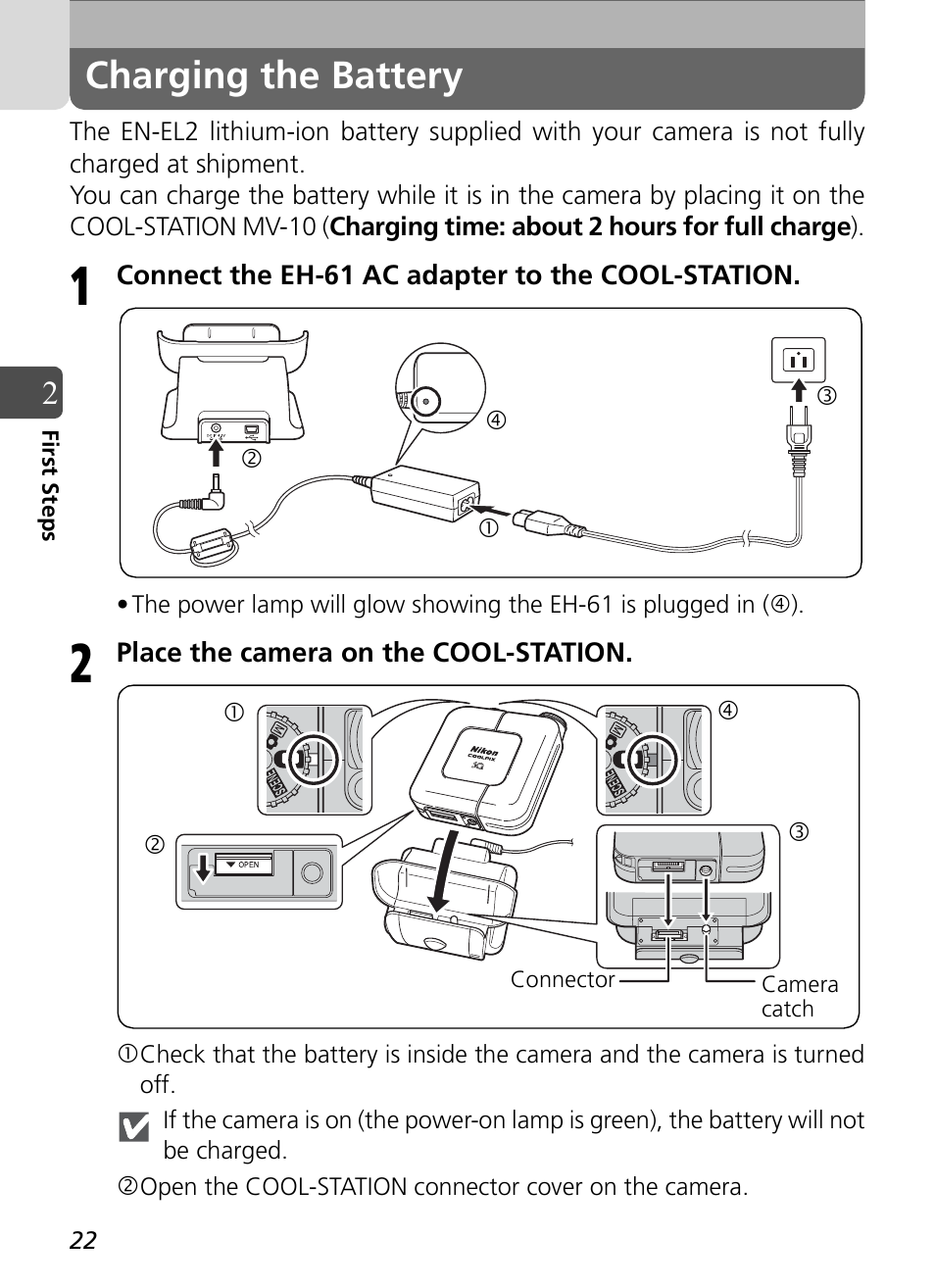 Charging the battery | Nikon Coolpix SQ User Manual | Page 22 / 116
