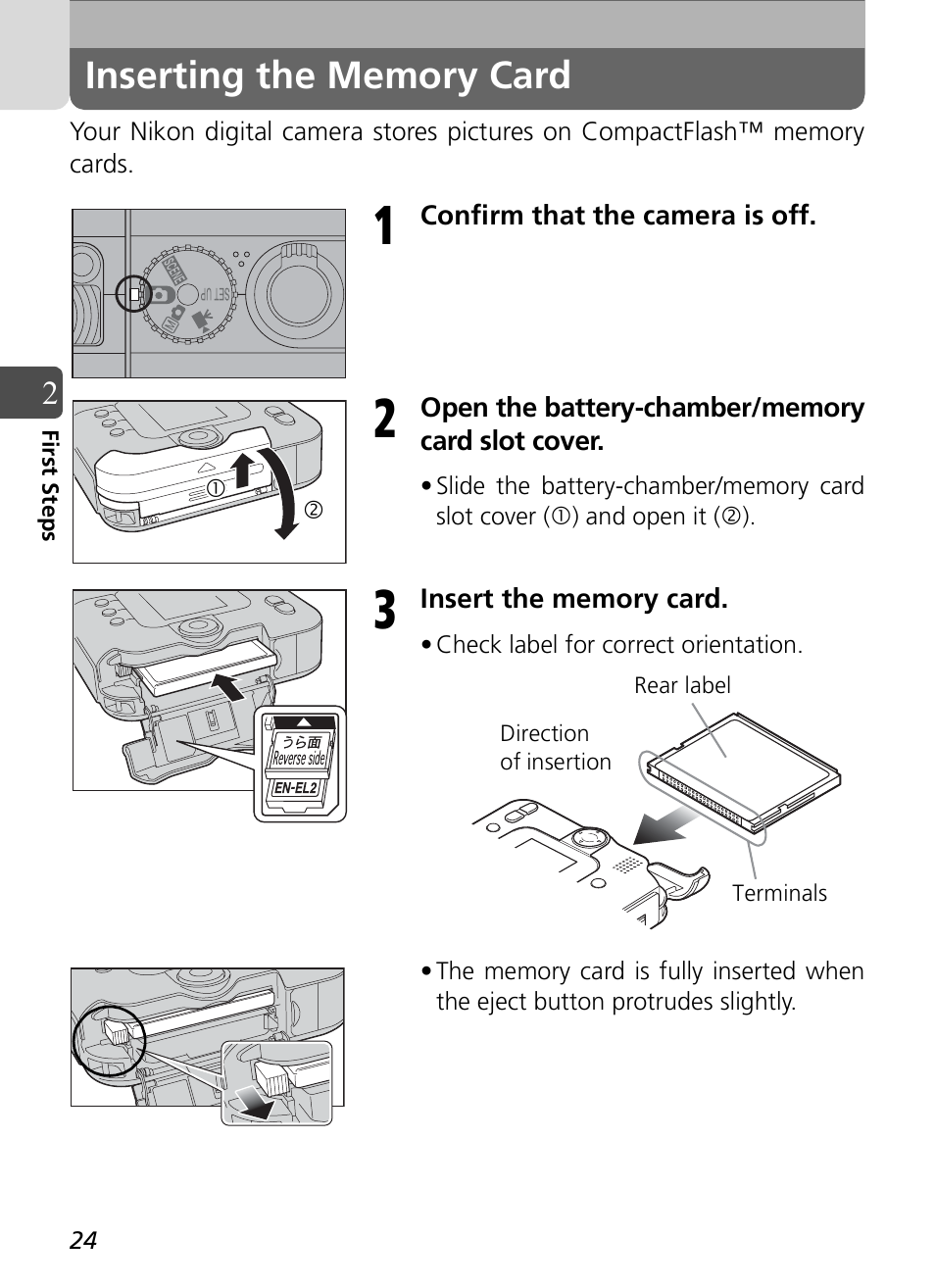 Inserting the memory card | Nikon Coolpix SQ User Manual | Page 24 / 116