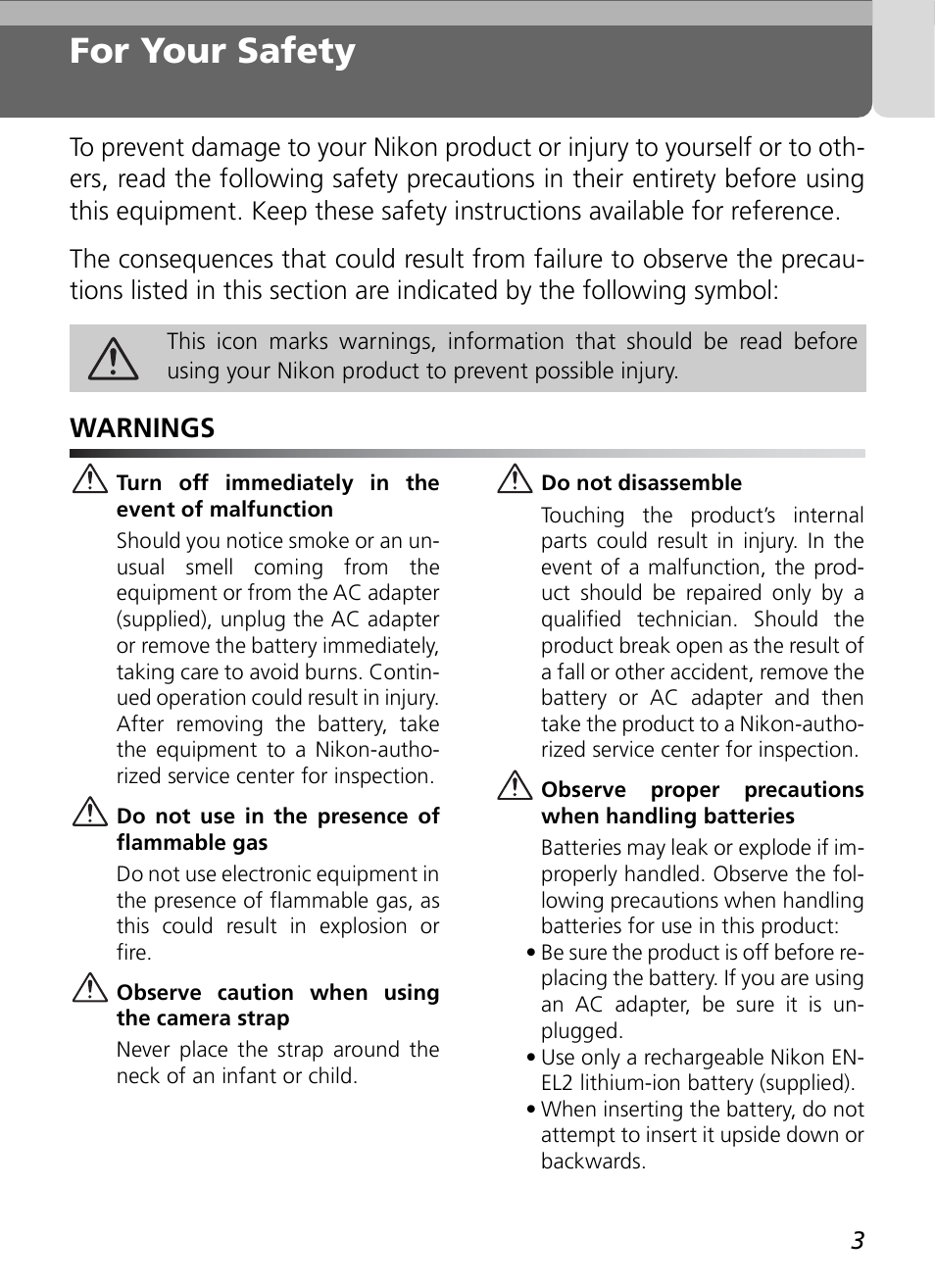 For your safety, Warnings | Nikon Coolpix SQ User Manual | Page 3 / 116