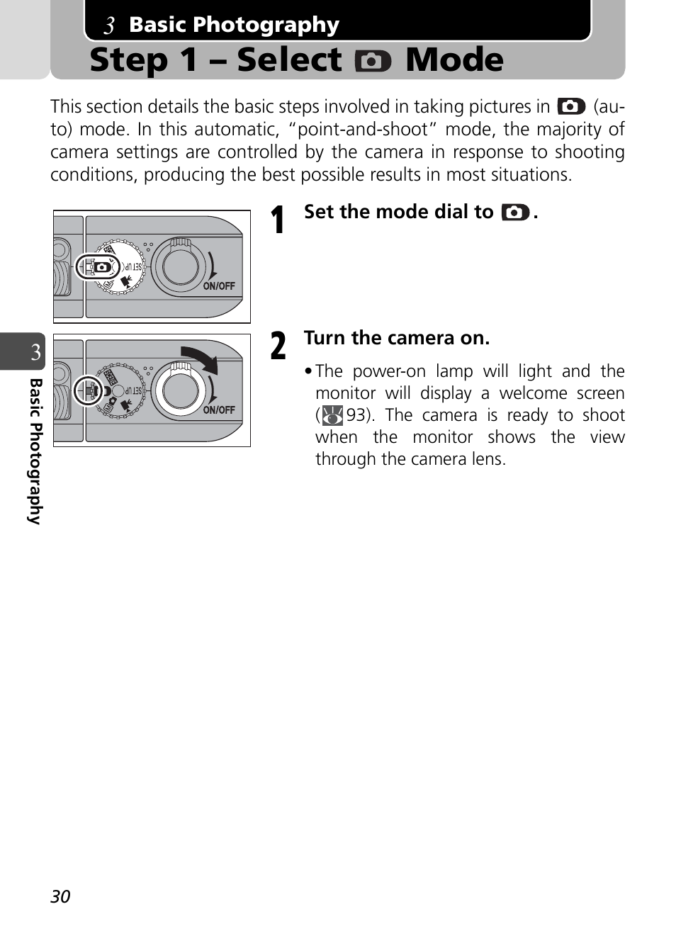 Basic photography, Step 1 – select, Step 1 – select mode | Nikon Coolpix SQ User Manual | Page 30 / 116