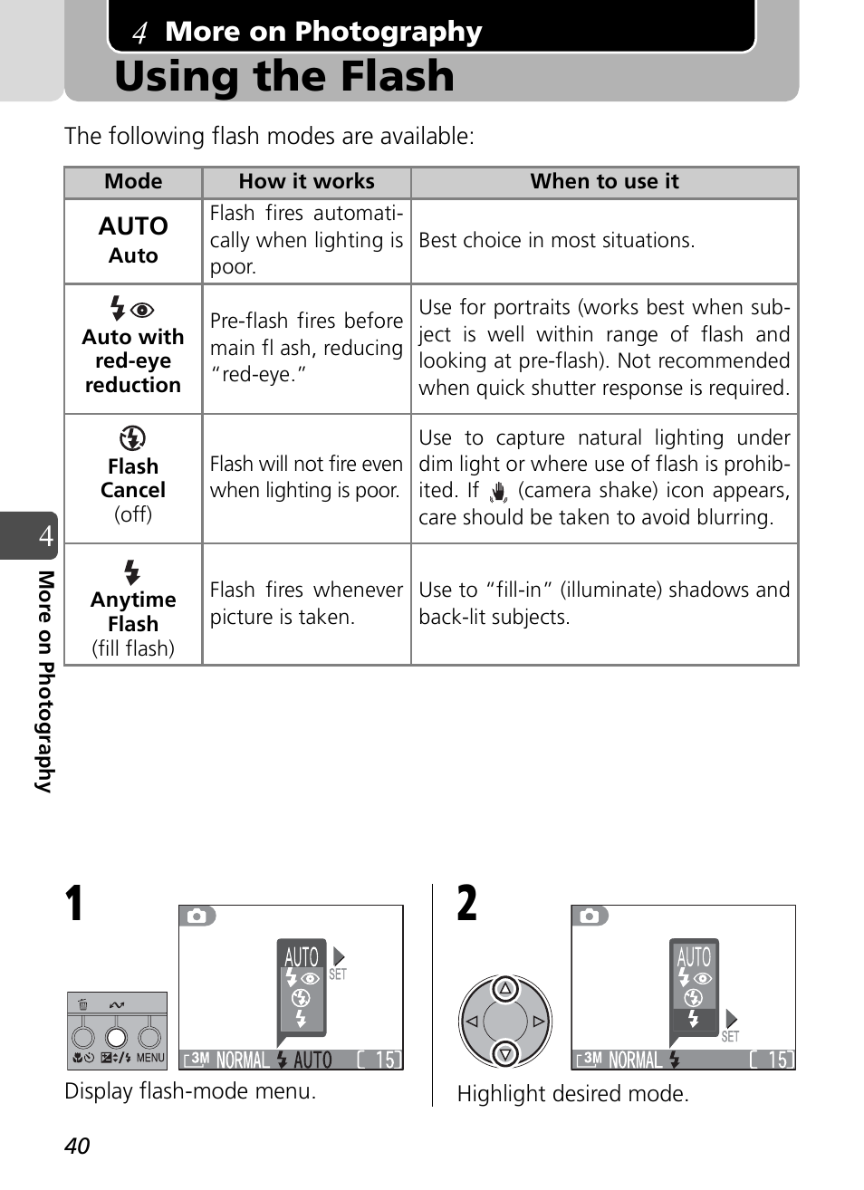 More on photography, Using the flash | Nikon Coolpix SQ User Manual | Page 40 / 116