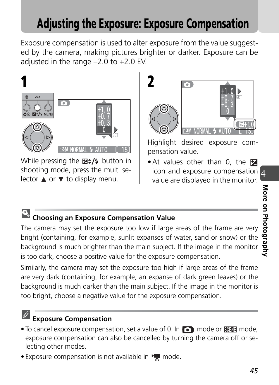 Adjusting the exposure: exposure compensation | Nikon Coolpix SQ User Manual | Page 45 / 116